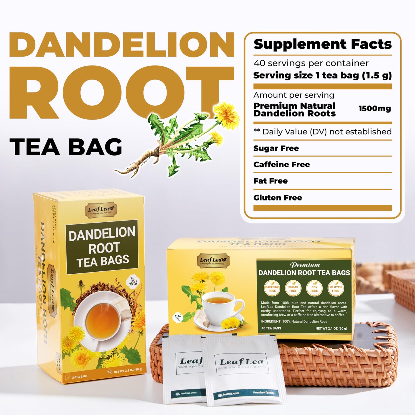 LeafLea Dandelion Root Tea Bags, 100% Natural, Caffeine-Free, Vegan, 40 Tea Bags (Pack of 1)