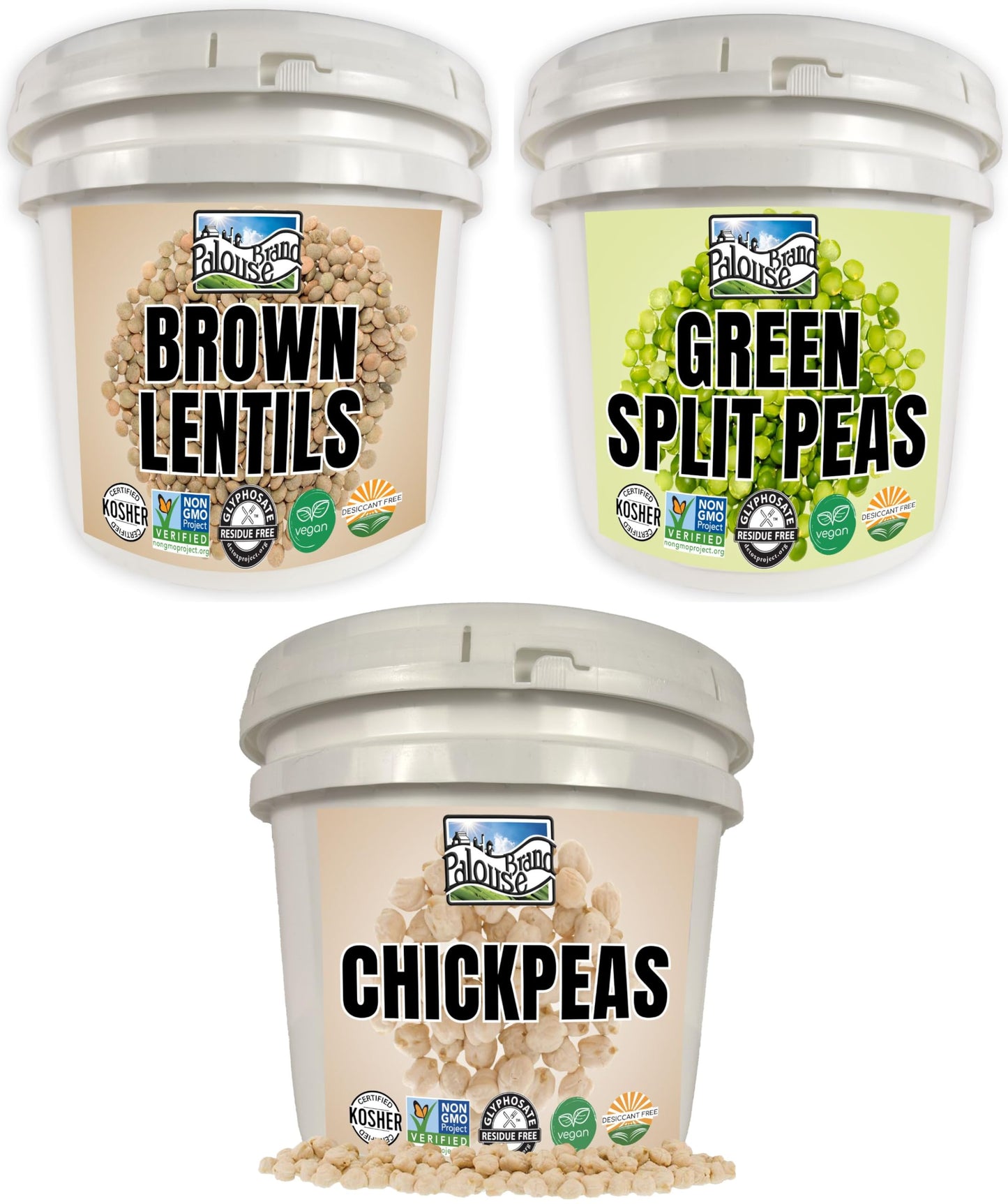 Emergency Legume Bucket Supply | Certified Glyphosate Residue Free | 75 LBS | Chickpeas, Lentils and Green Split Peas [25 lbs ea
