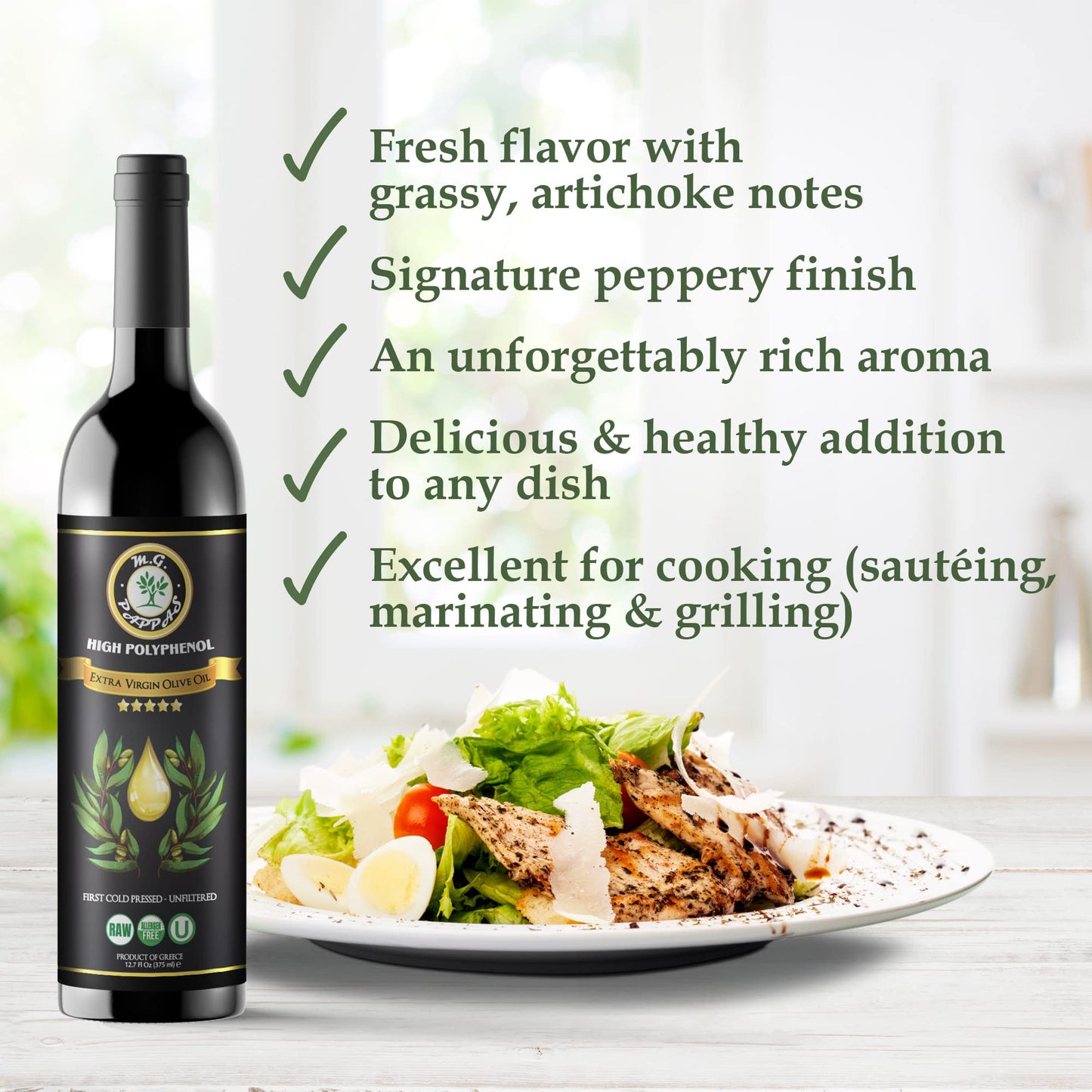 M.G. PAPPAS Extra Virgin Olive Oil - High Polyphenol, Cold Pressed & Unfiltered, 12.7 Fl Oz - Award Winning Greek Hydroxytyrosol Oil