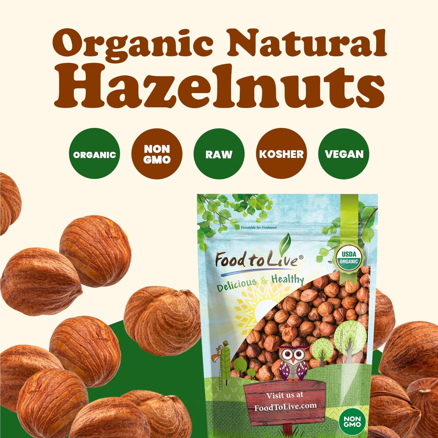 Food to Live - Organic Hazelnuts, 8 Pounds Non-GMO, Raw Filberts, Whole Nuts, Shelled, Unsalted, Kosher, Vegan, Bulk. Crunchy, W