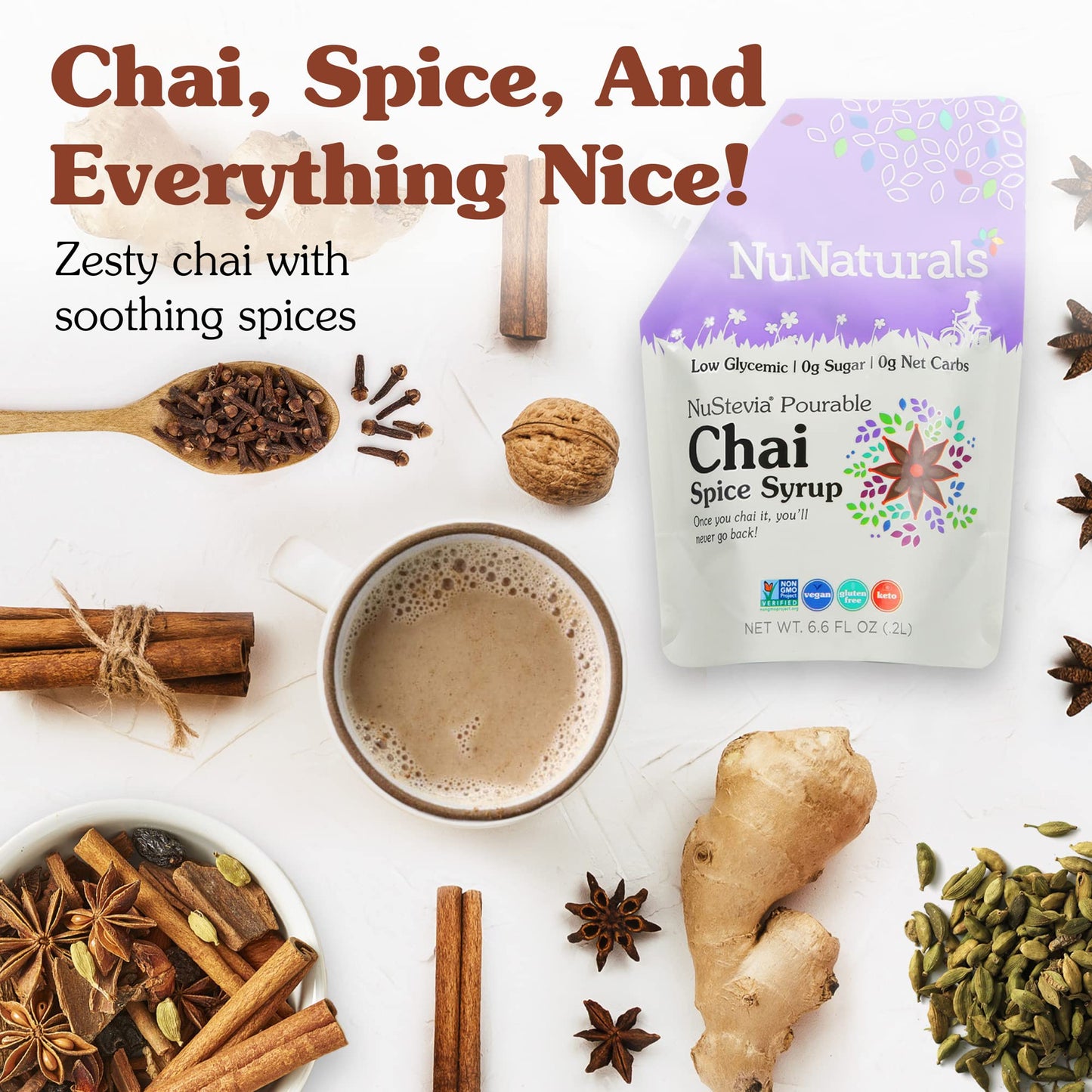 NuNaturals Stevia Syrup Sugar-Free Sweetener Chai Spice 6.6 Fl Oz Pack of 3