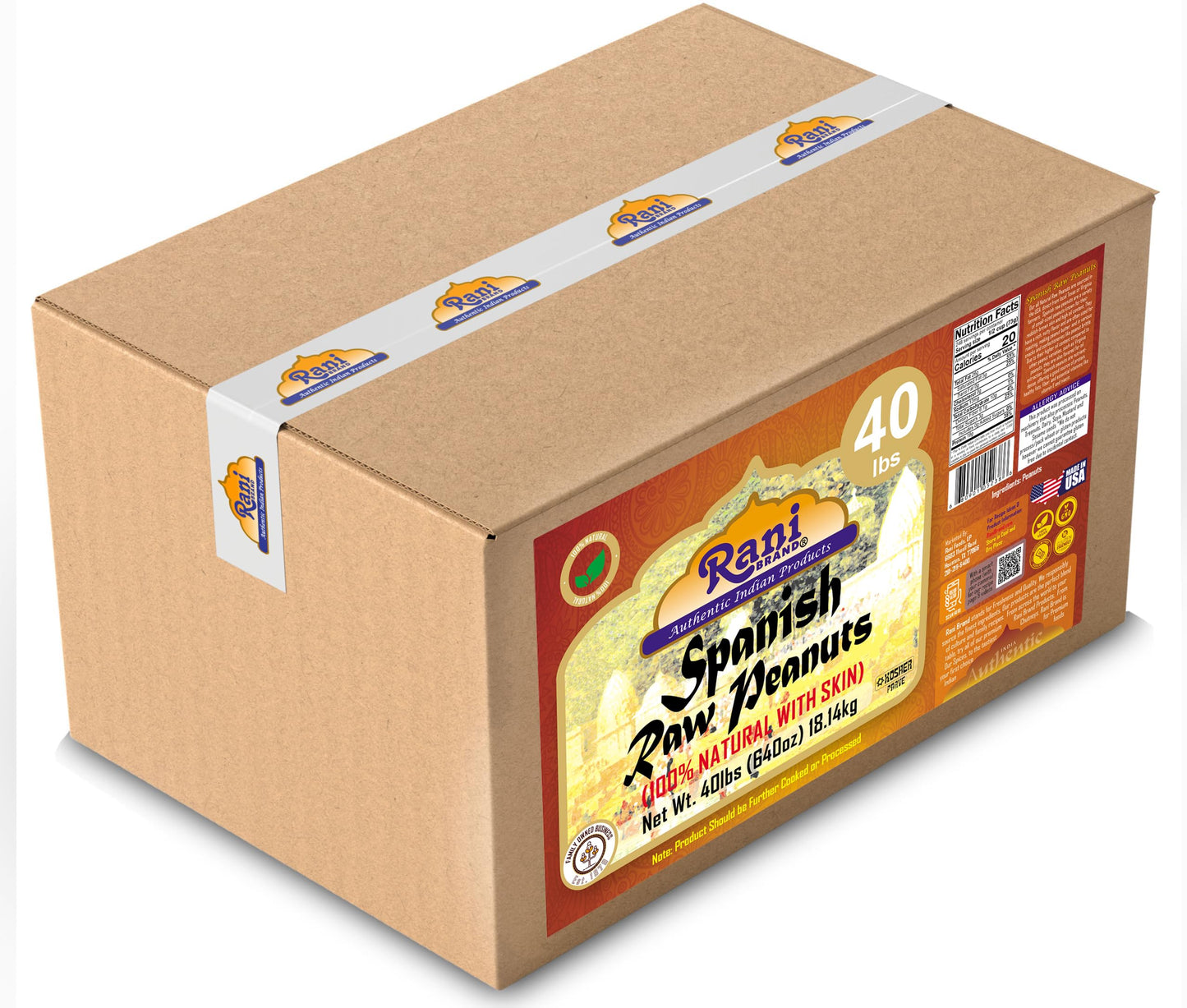 Rani Raw Spanish Peanuts 100% Natural With Skin (Uncooked, Unsalted) 40Lbs (640Oz) 18.14Kg Bulk Box ~ Vegan | Gluten Friendly |