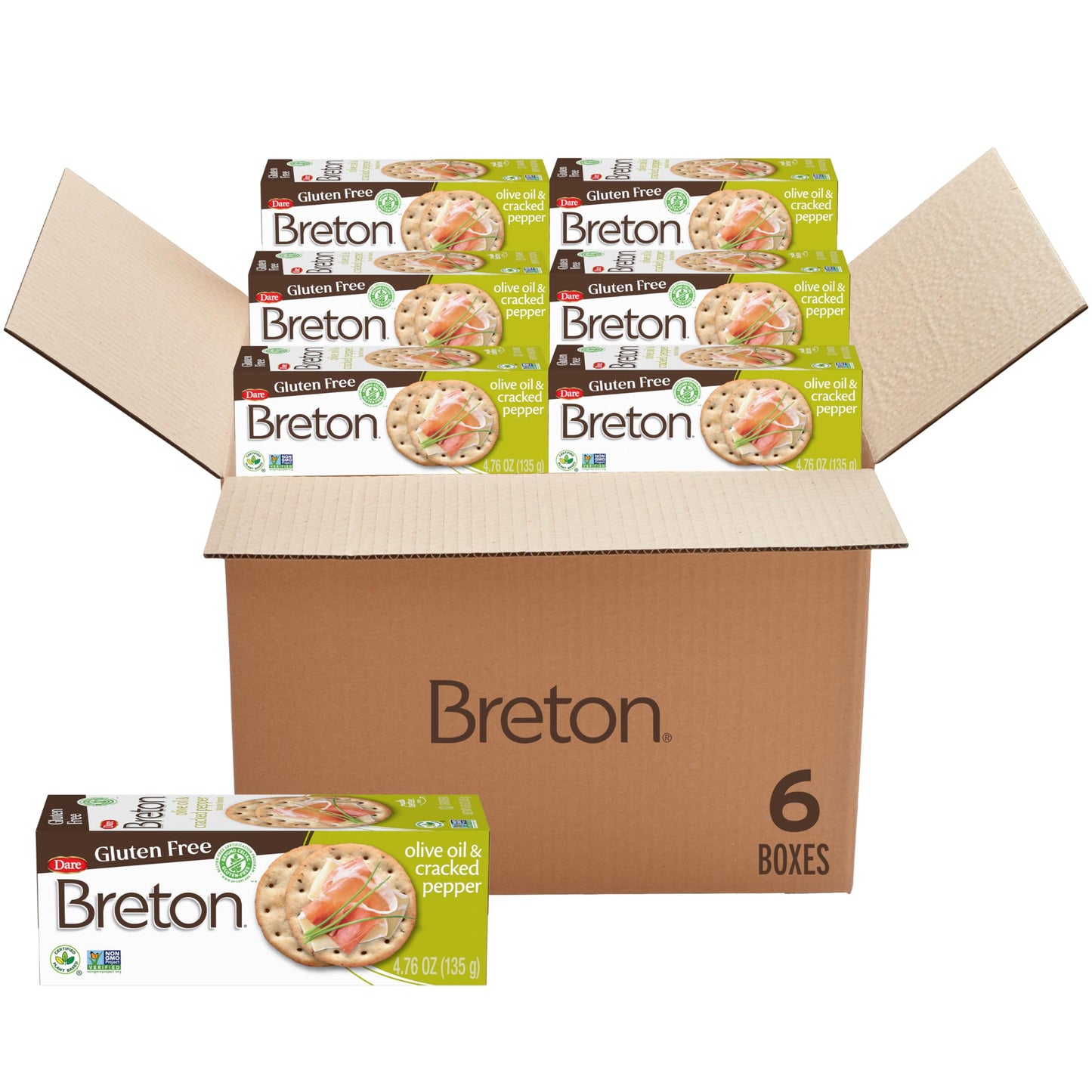 Breton Gluten Free Olive Oil and Cracked Pepper Crackers Bulk (Pack of 6) - Entertaing Pack, Non-GMO, Plant-Based, For Snacking,