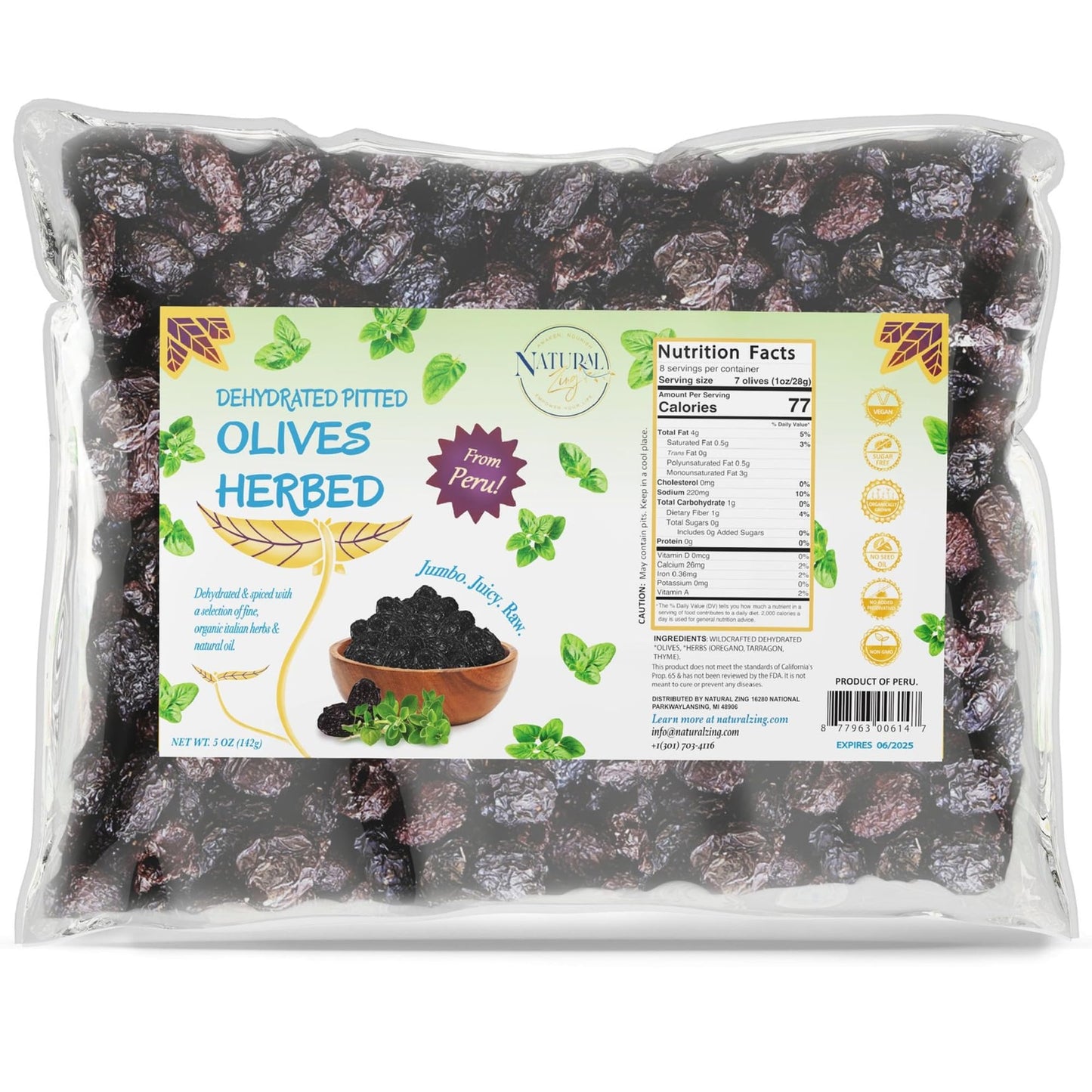 NaturalZing Organic Peruvian Dried Black Olives, Raw & Herb-Infused, Pitted, 8 oz