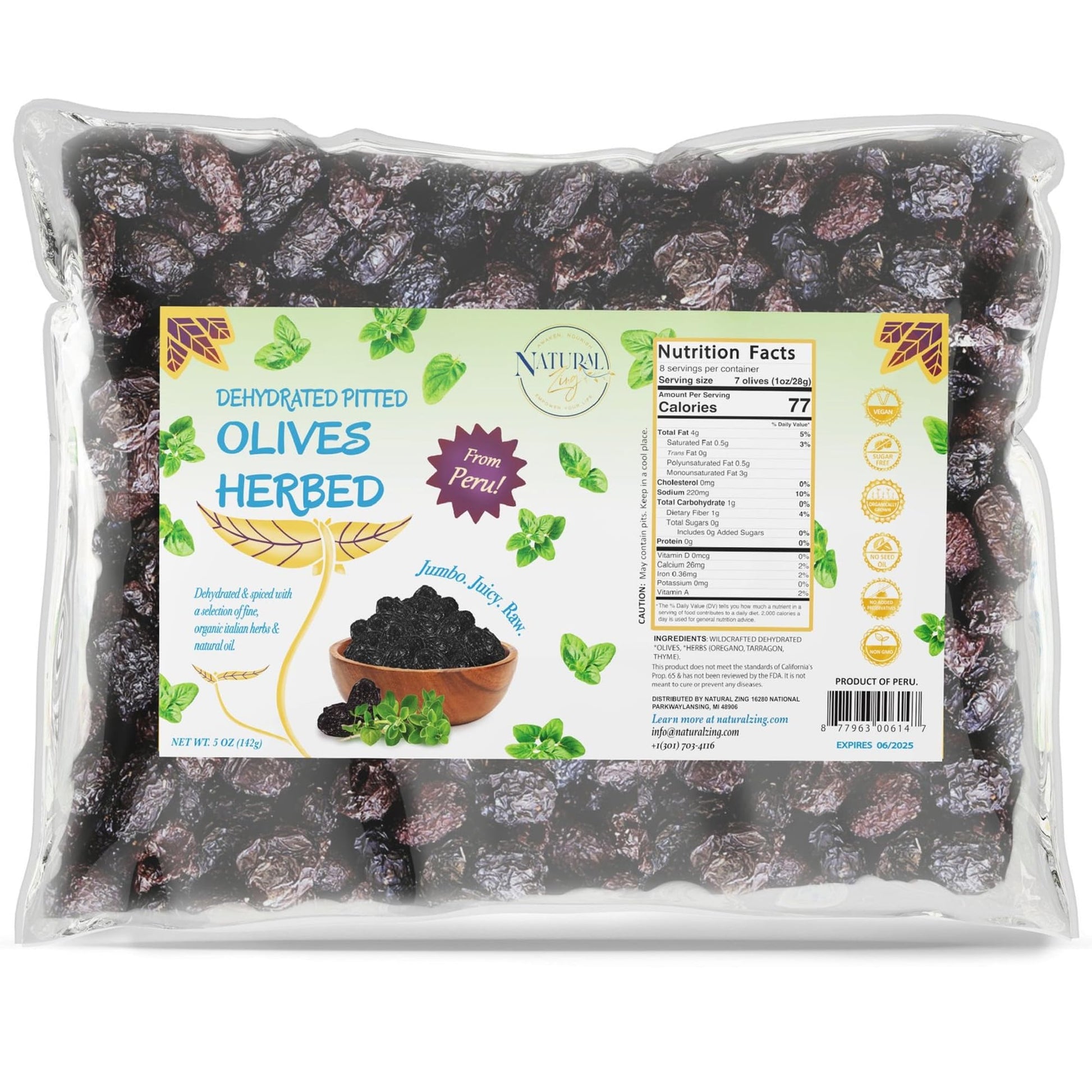 NaturalZing Organic Peruvian Dried Black Olives, Raw & Herb-Infused, Pitted, 8 oz