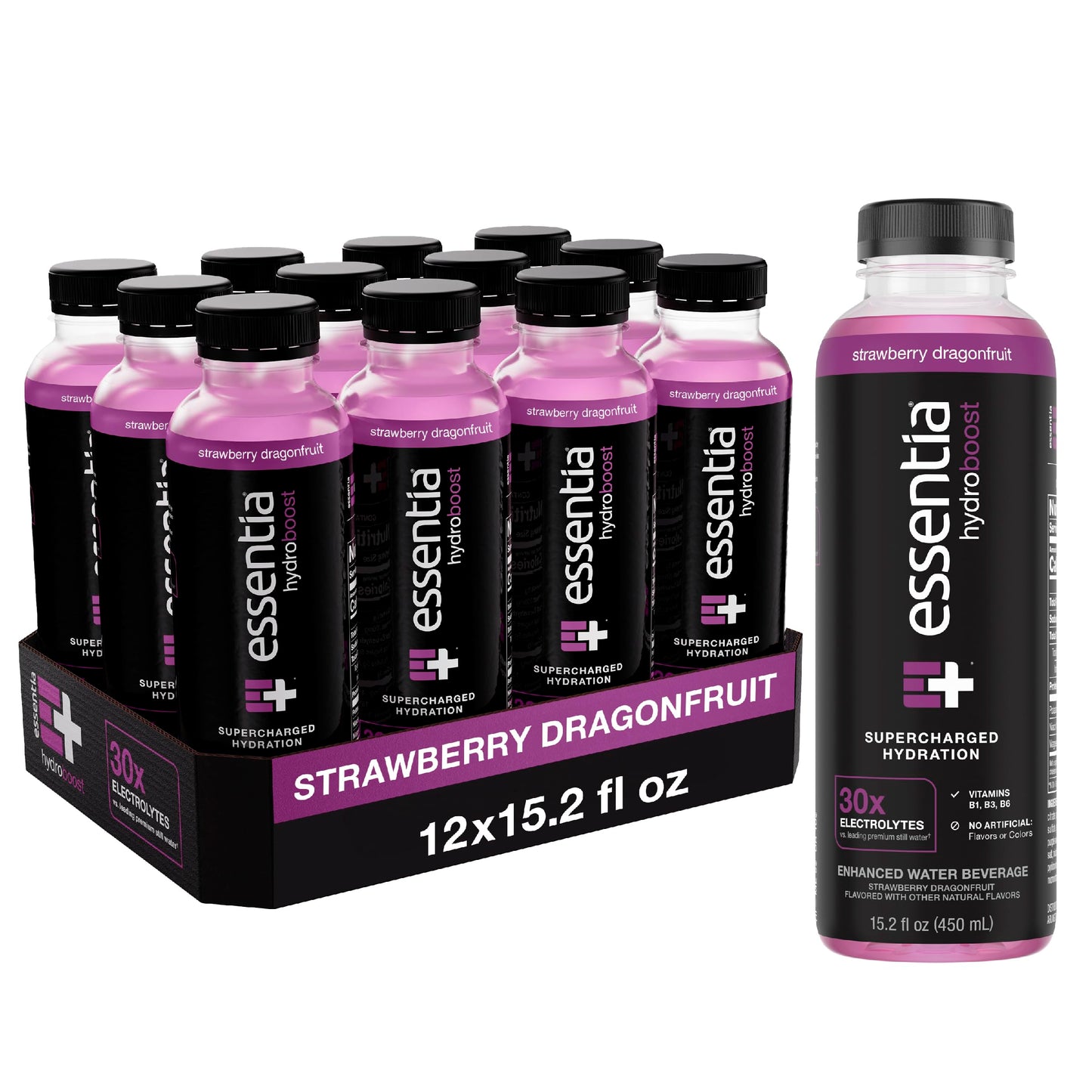 Essentia Hydroboost Enhanced Water Beverage, 12 Pack, NEW Strawberry Dragonfruit Flavor, With Electrolytes, No Artificial Flavor