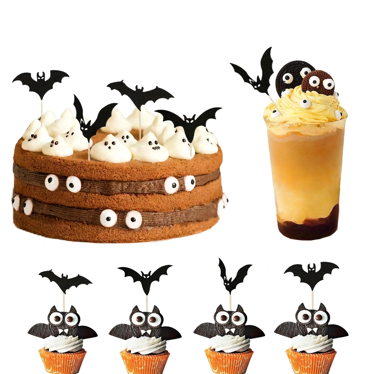 24Pcs Halloween Cupcake Toppers, Halloween Bat Cupcake Decorations, Black Glitter Bat Halloween Cupcake Picks For Halloween Part