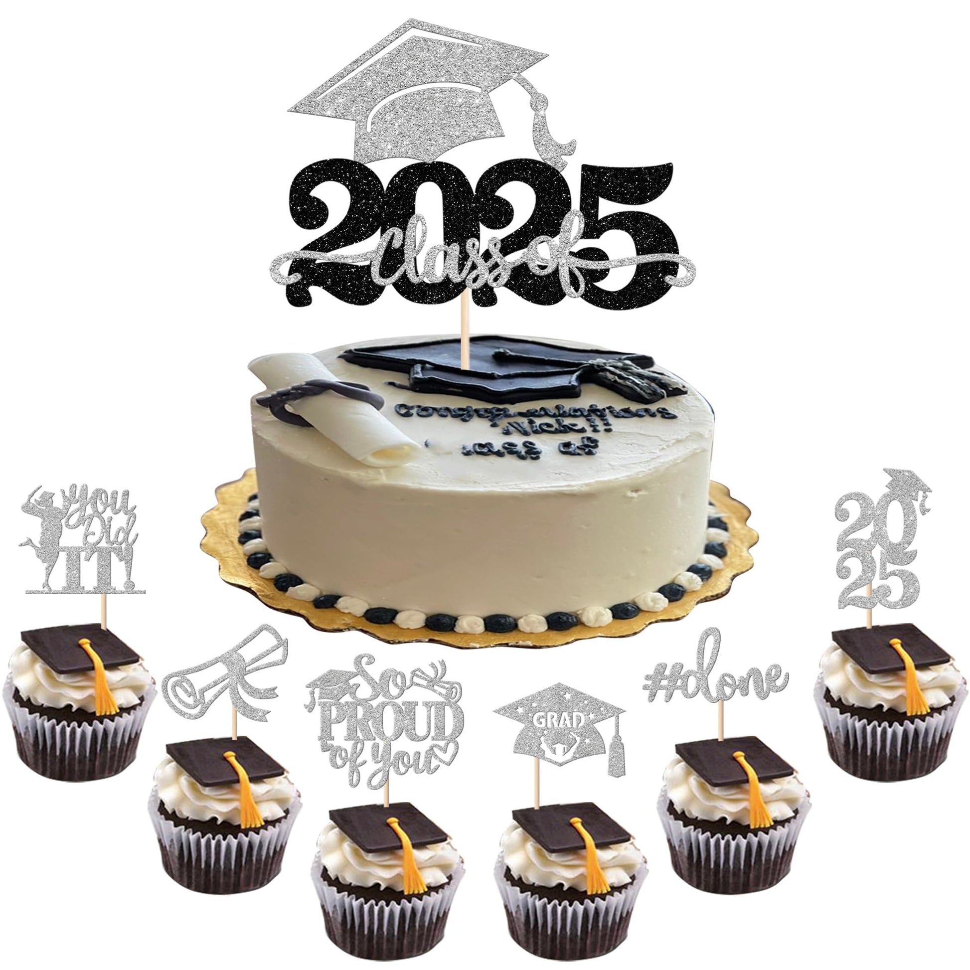 YCTHUNFISH Graduation Cupcake Toppers, 25 Pack, Glitter, Silver, Paper, 2025 Theme Party Decorations