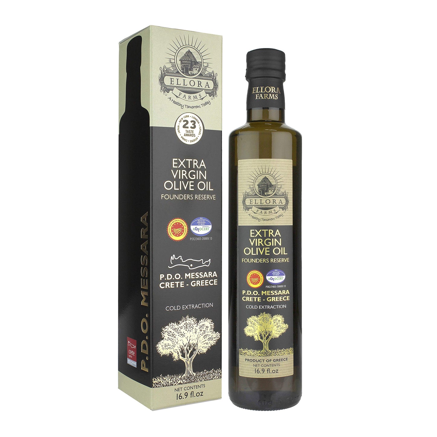 Ellora Farms, Greek Extra Virgin Olive Oil, Single Estate Pdo Messara, Greece, Non Gmo, Cold-Pressed, Polyphenol, Glass Bottle,
