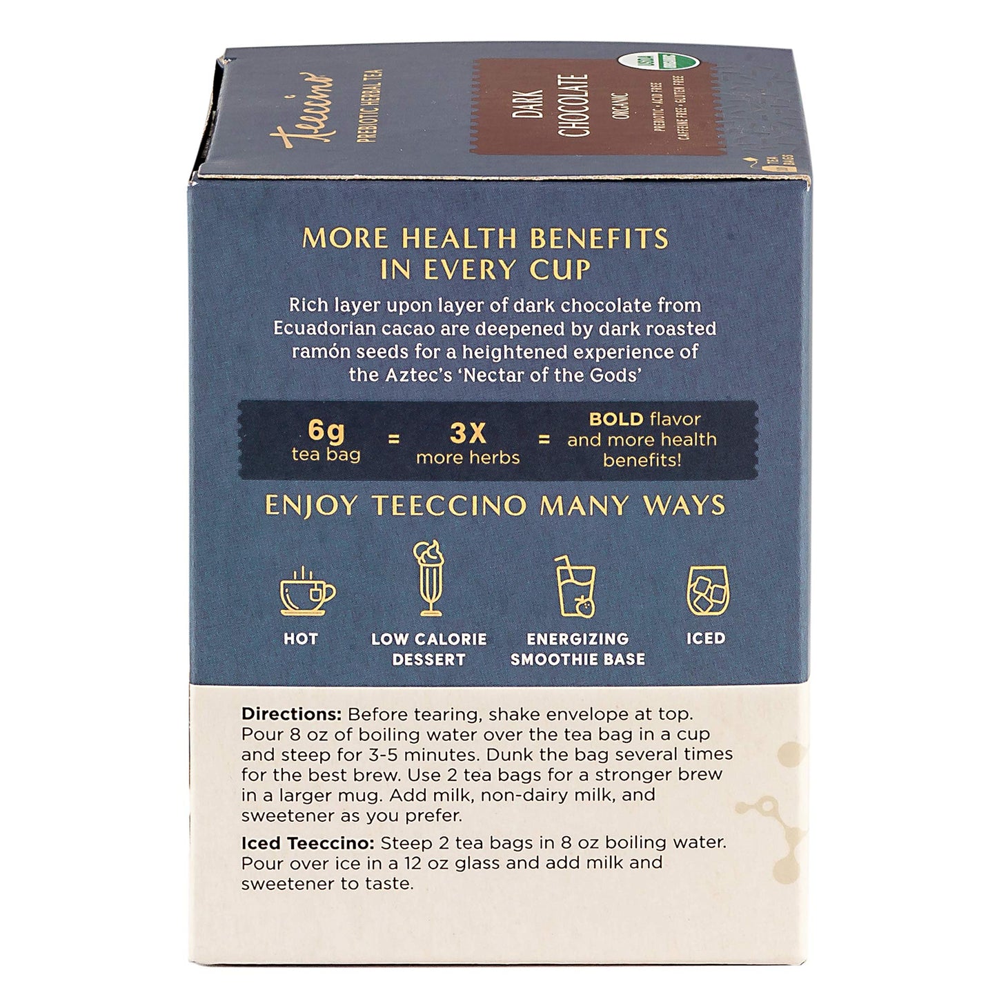 Teeccino Dark Chocolate Herbal Tea - Prebiotic Superboost, 10 Tea Bags