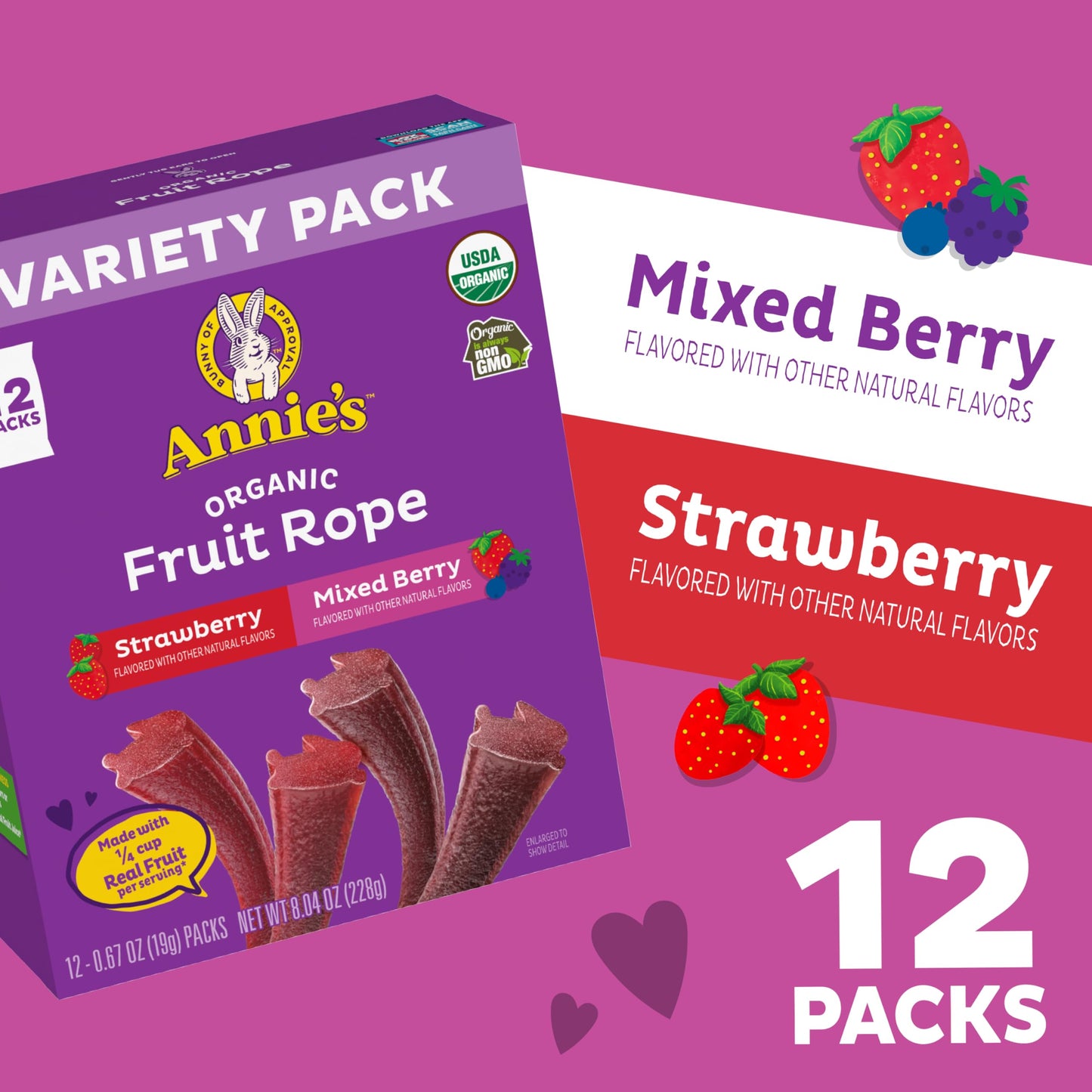 Annie'S Organic Fruit Rope Variety Pack, Strawberry And Mixed Berry, Made With Real Fruit, 8.04 Oz