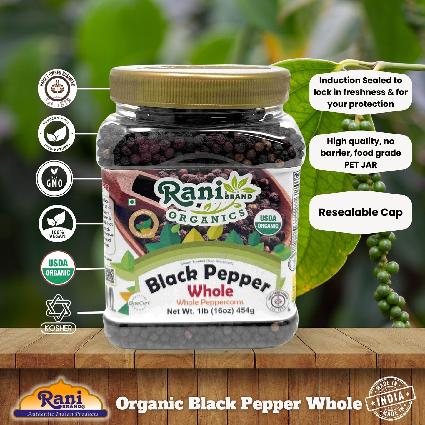 Rani Organic Black Pepper Whole, Premium MG-1 Grade, 16oz (1lb) PET Jar, Non-GMO, Gluten Friendly, USDA Certified Organic, Kosher