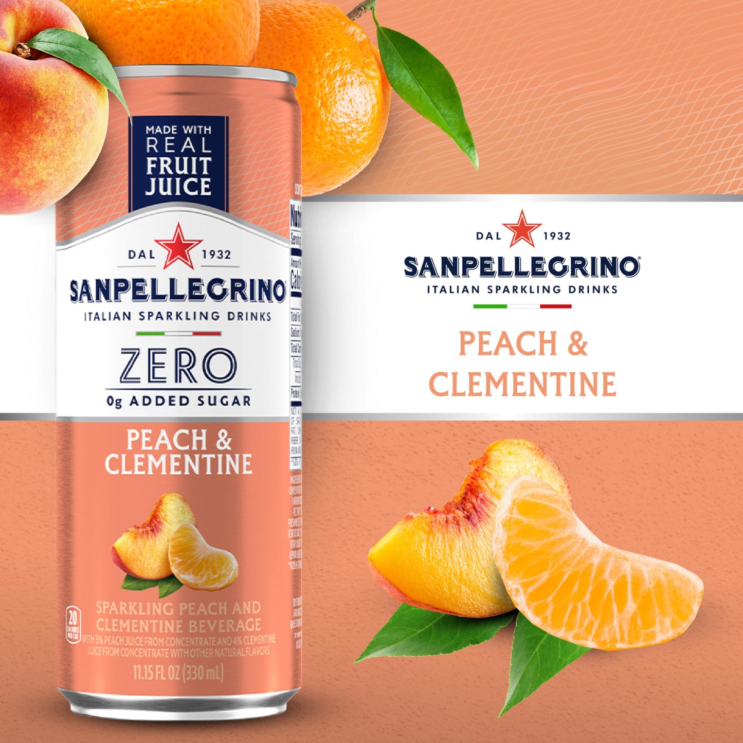 San Pellegrino Sparkling Peach Clementine Beverage, Zero Sugar, 11.15 Fl Oz, Pack of 24, Italian Sparkling Drinks