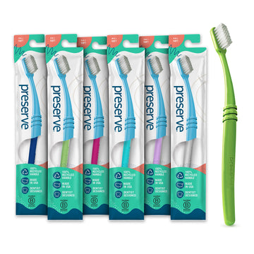 Preserve Eco Friendly Adult Toothbrushes, Made In The Usa From Recycled Plastic, Lightweight Package, Soft Bristles, Colors Vary, 6 Pack