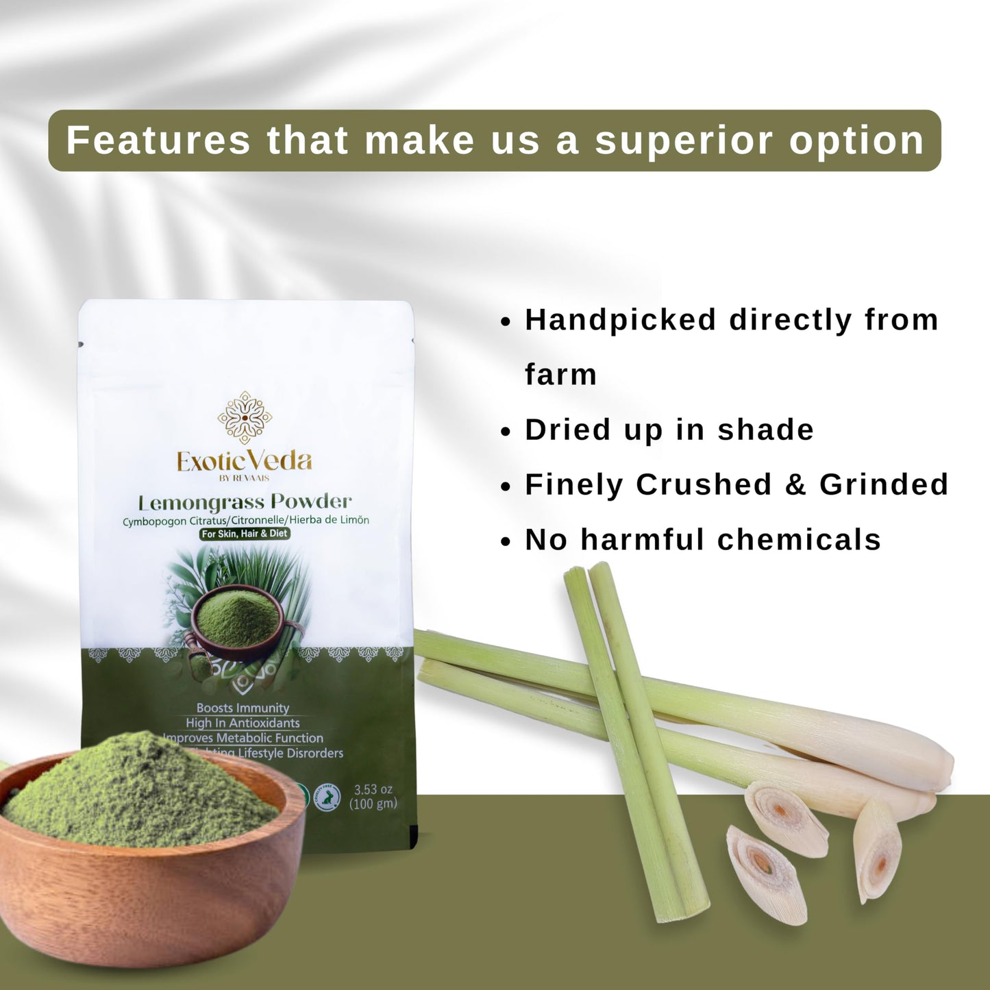 Exotic Veda Organic Lemongrass Powder | Dried Lemon Powder | Vitamin C Rich | Perfect For Cooking | Dandelion Tea Enhancer | Lem