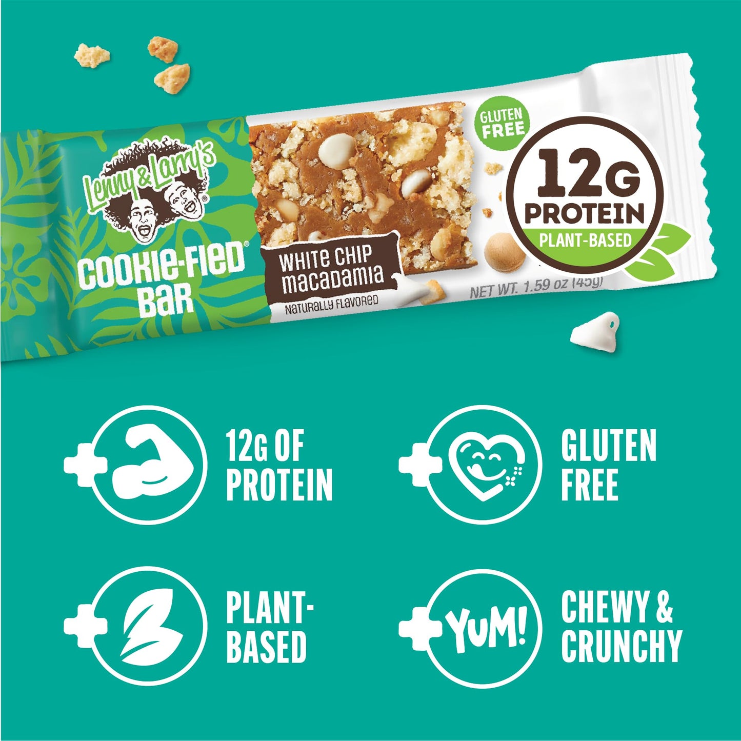 Lenny & Larrys Cookie-fied Protein Bar, White Chip Macadamia, 12g Plant Protein, 9x45g, Vegan, Gluten Free, Keto Friendly