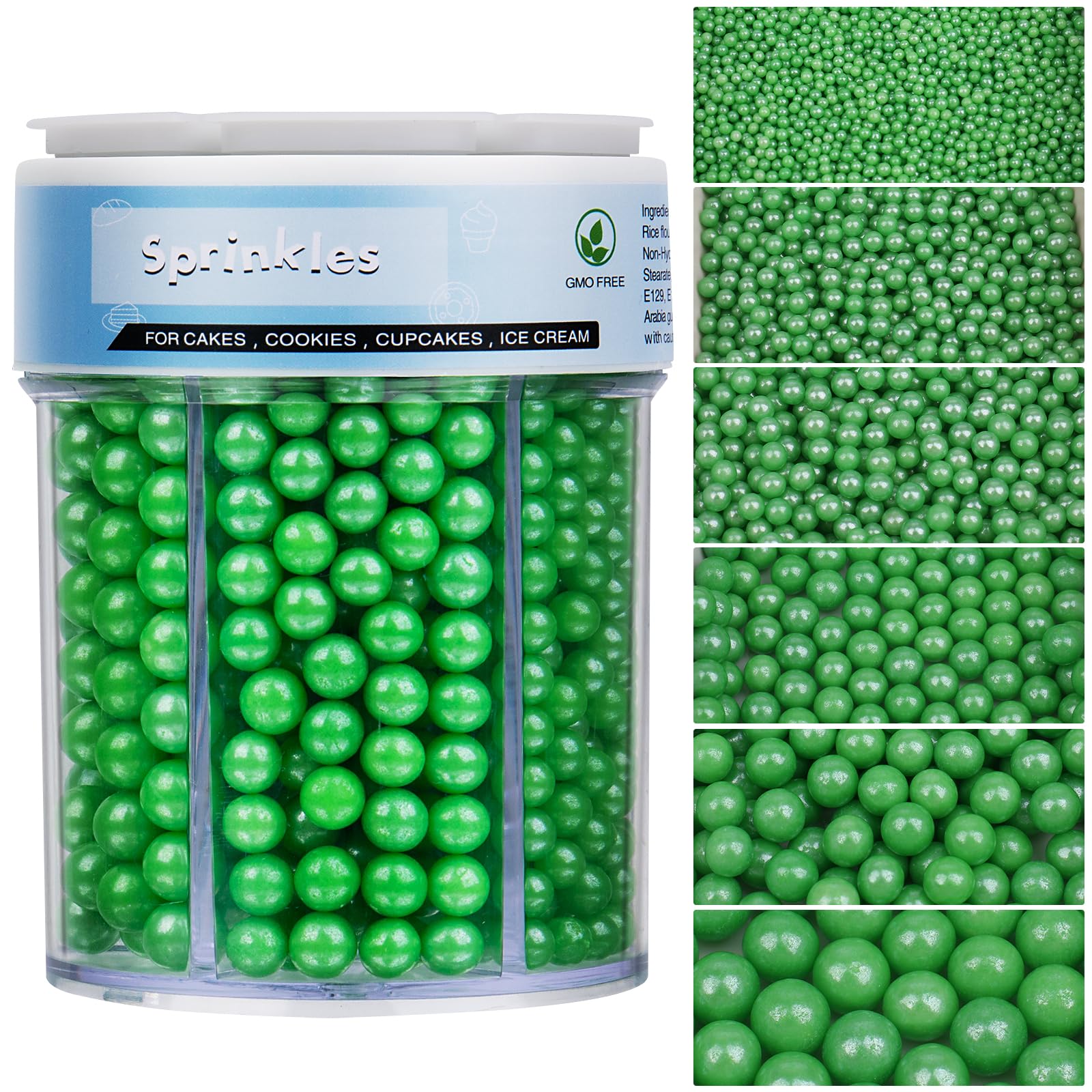 Sprinkles for Cake Decorating, 11Oz 6 Sizes Green Pearl Sprinkles for Cake Cupcake Ice Cream Donuts Cookie Baking Toppings