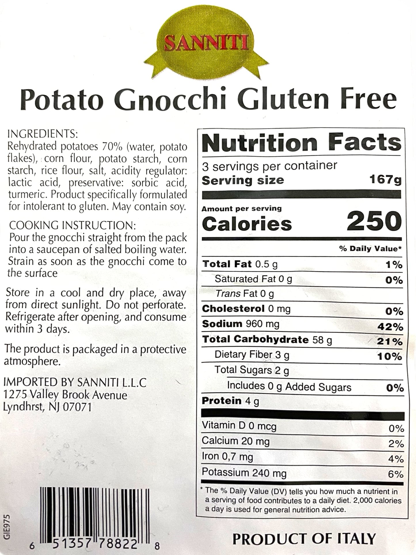 Sanniti Italian Gluten Free Potato Gnocchi, 17.5 Oz (500 G) (Pack Of 4)