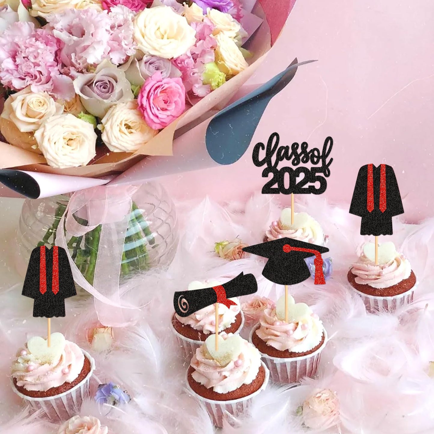 Keaziu 24 Pack Graduation Cupcake Toppers Class Of 2025 Red Graduation Hat Picks for Birthday Party Supplies