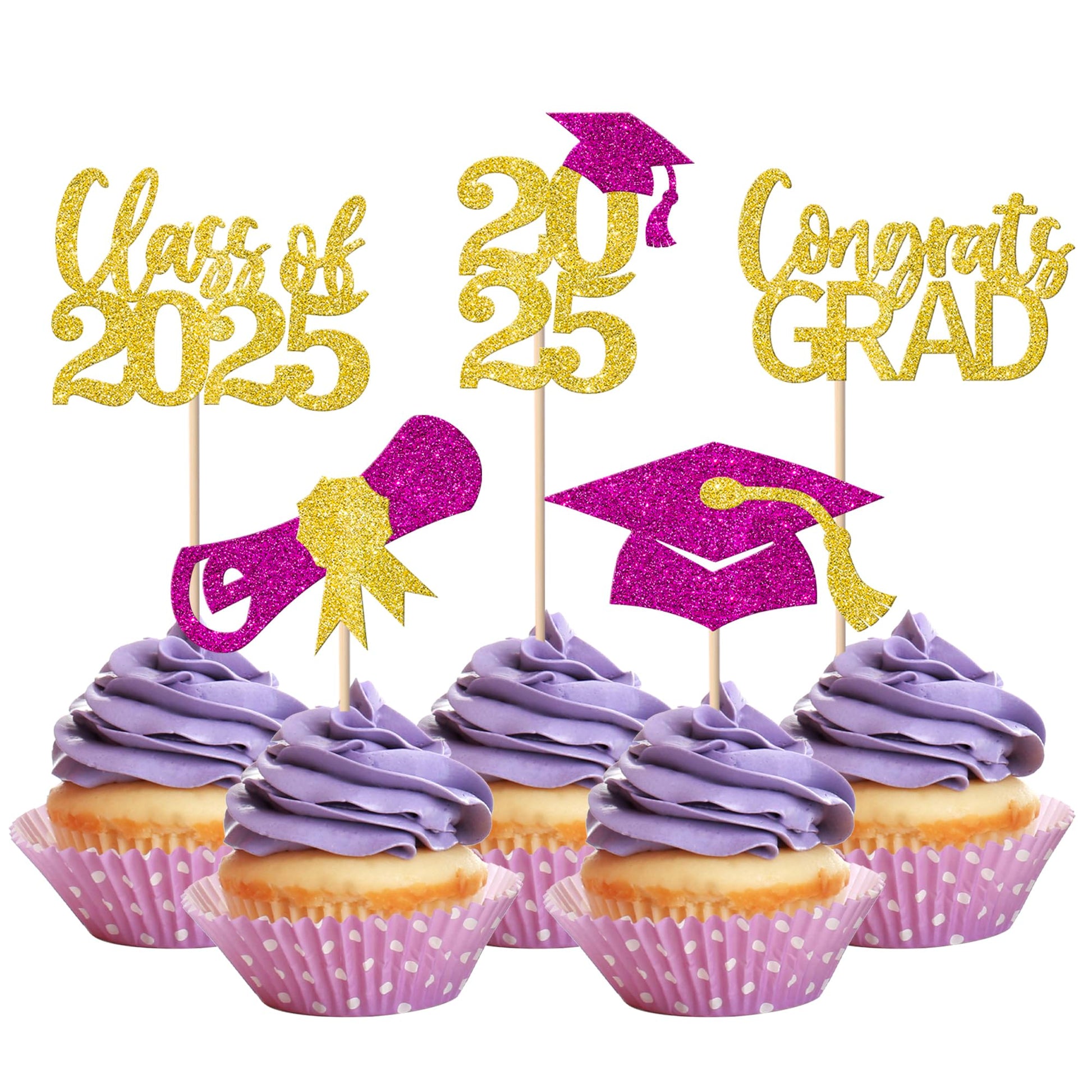 YCTHUNFISH Graduation Cupcake Toppers, 30 Pack, Glitter Class of 2025, Gold Purple