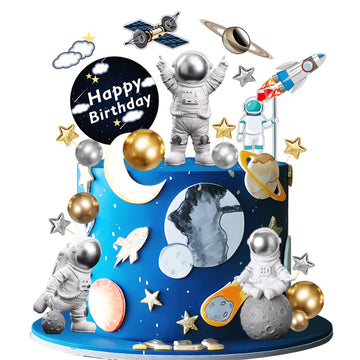 28 Pieces Astronaut Space Cake Toppers Outer Space Astronaut Figurines Planet Rocket Satellite Pearl Balls And Stars Kids Space