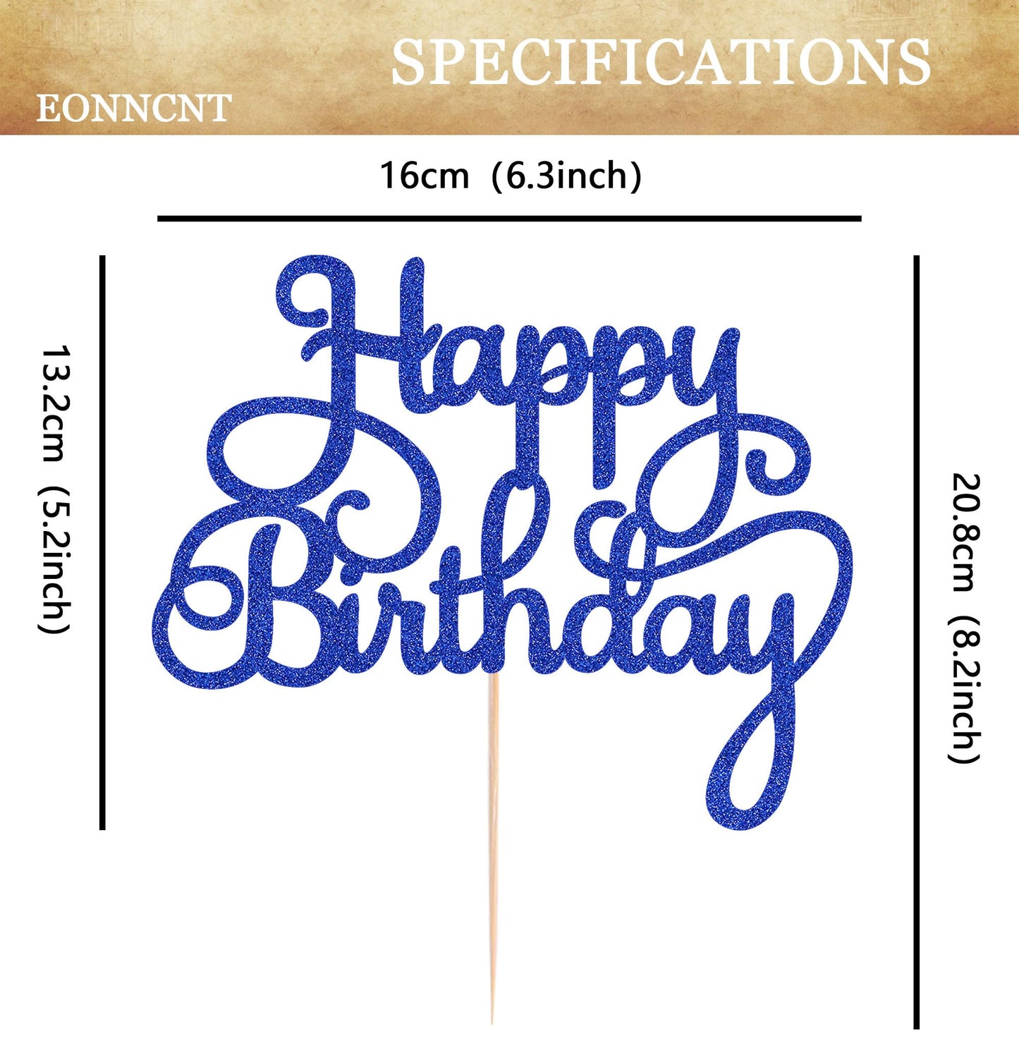 EONNCNT Happy Birthday Cake Topper - Royal Blue Glitter - 6.3x8.2 inches - Paper Decoration for Birthday and Anniversary Party
