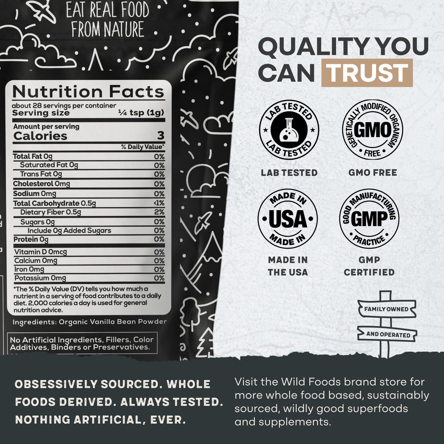 Wild Foods Organic Vanilla Bean Powder - Pure Madagascar Vanilla for Baking, Cooking & Smoothies - 1 Ounce - Gluten Free, Non GMO