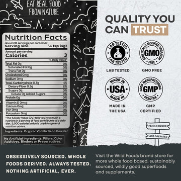 Wild Foods Organic Vanilla Bean Powder - All Natural, Unsweetened, Gluten Free - 2 Ounce