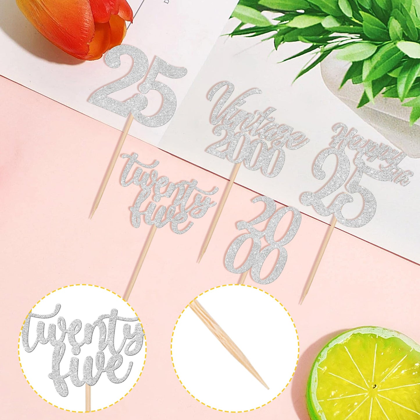 ZHUOWEISM 30PCS Cupcake Toppers for 25th Birthday, Vintage Silver Paper Picks