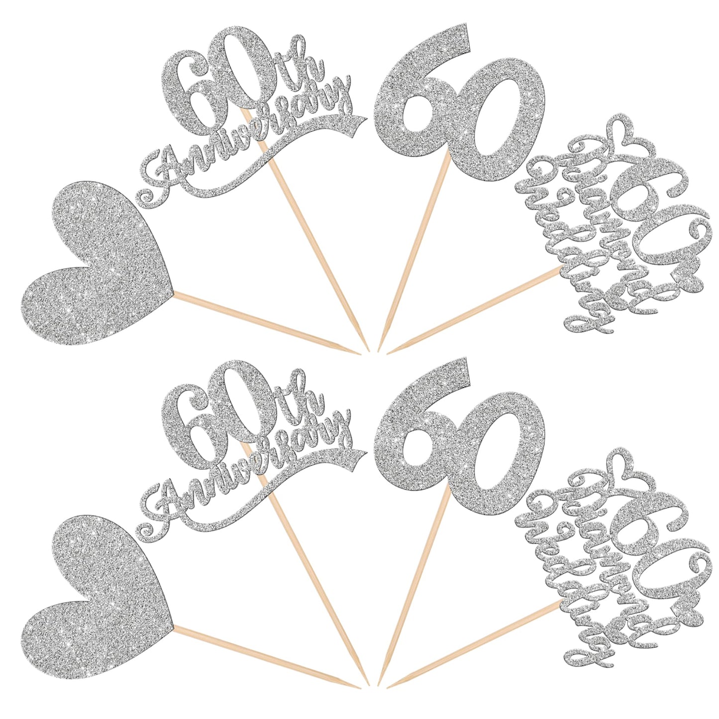 24 Pcs 60Th Anniversary Cupcake Toppers Silver Glitter Heart 60 Diamond Wedding Anniversary Cupcake Picks Cheers To 60 Years Cak