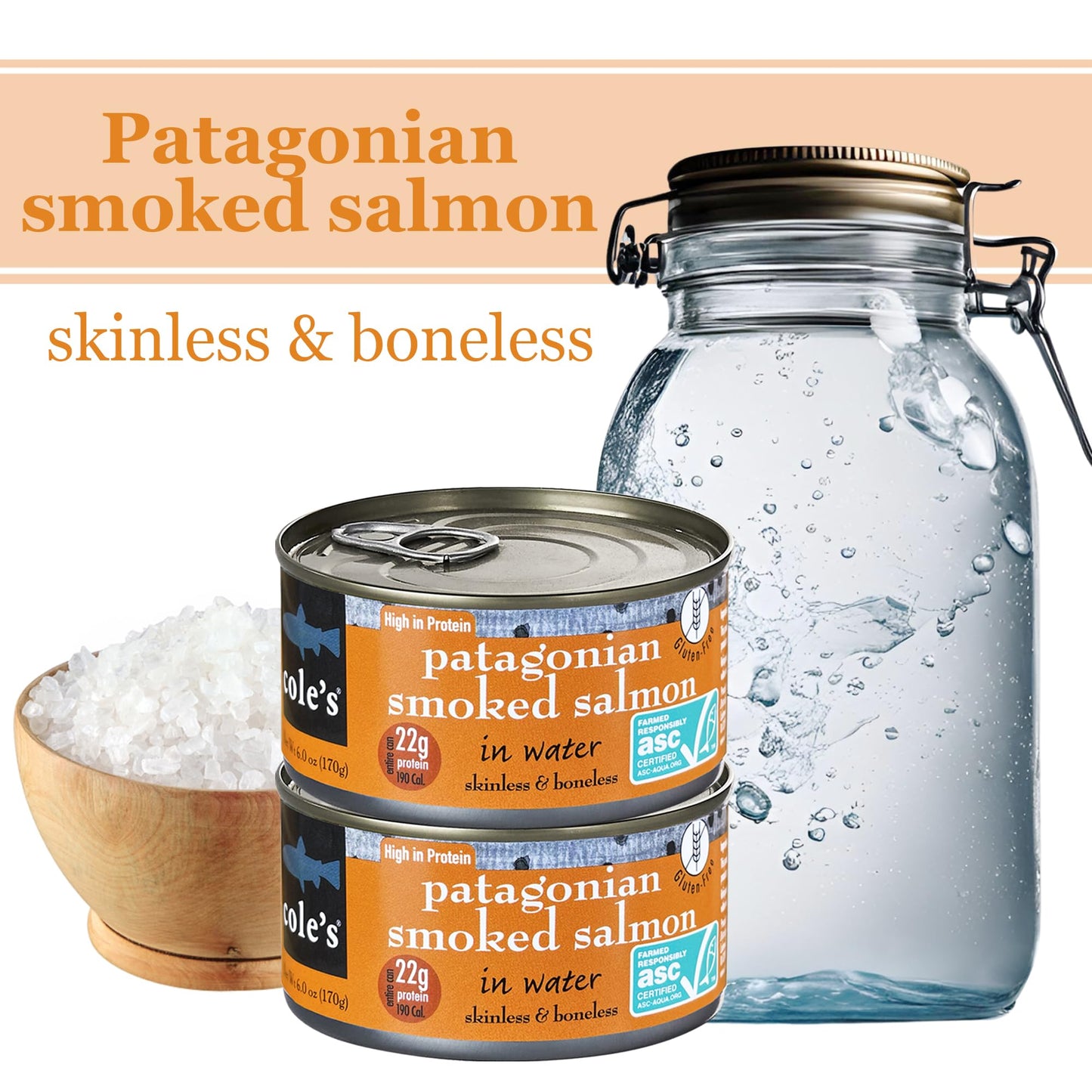 Coles Patagonian Smoked Salmon, Applewood Flavor, Boneless & Skinless, 6 oz Each, Pack of 3