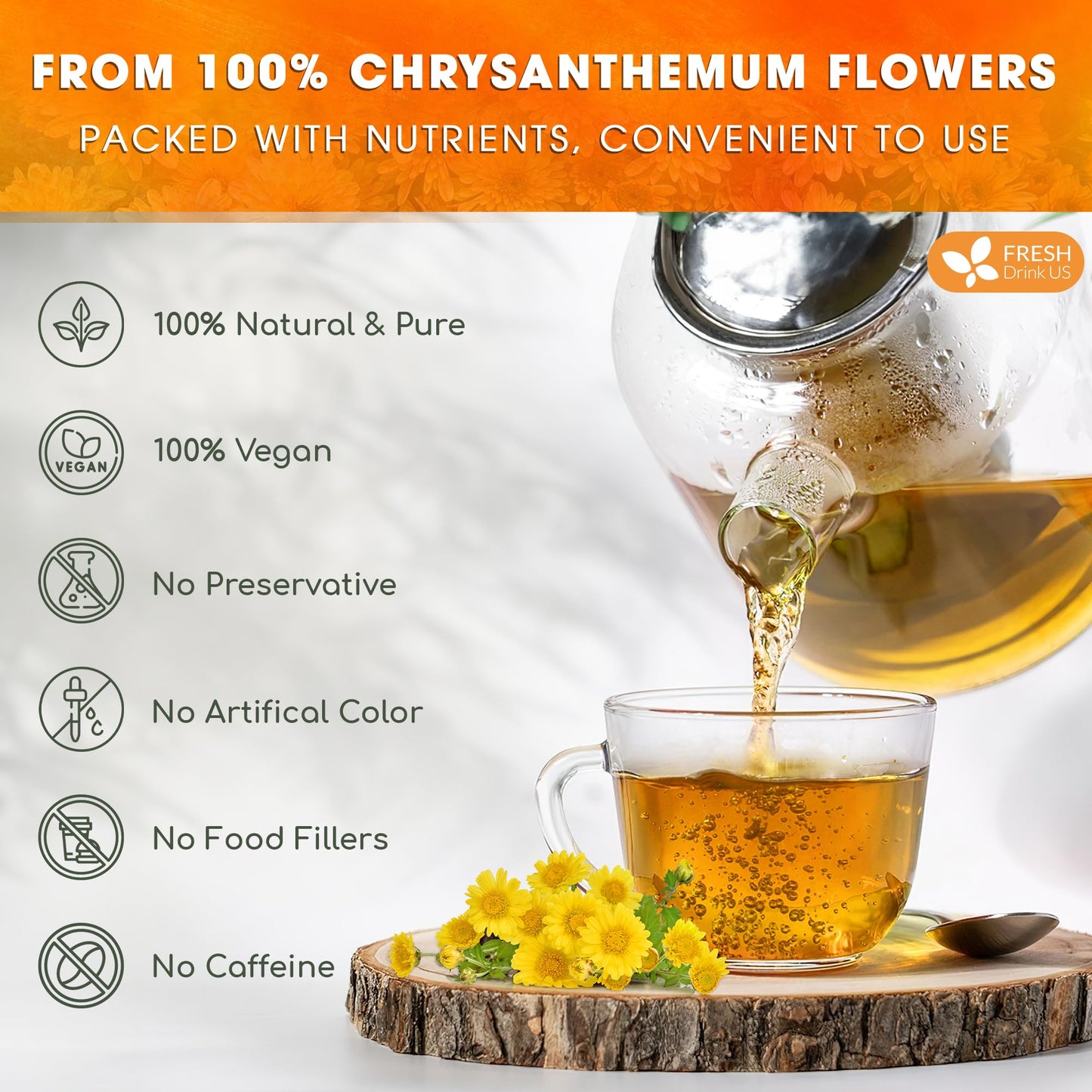 FRESHDRINKUS Chrysanthemum Flower Tea Bags - 120 Count, 100% Natural, Herbal, Vegan, No Sugar, No Caffeine, Eco-Conscious