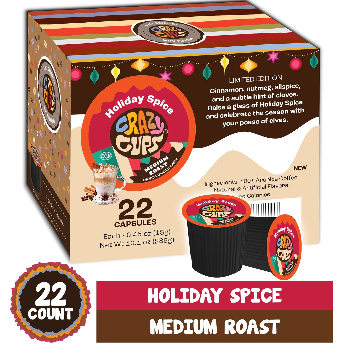 Crazy Cups Holiday Spice Flavored Coffee Pods, Medium Roast, 22 Count, Compatible with Keurig K Cups