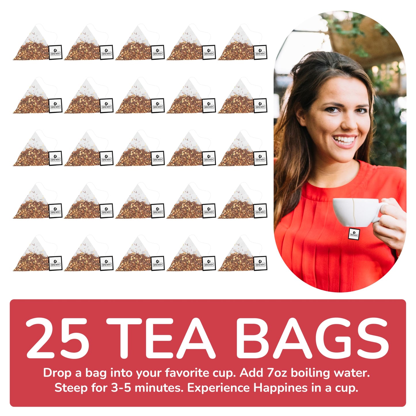 BREWIX Rooibos Chai Tea Bags, Caffeine-Free Herbal Tea, 25 Pyramid Bags