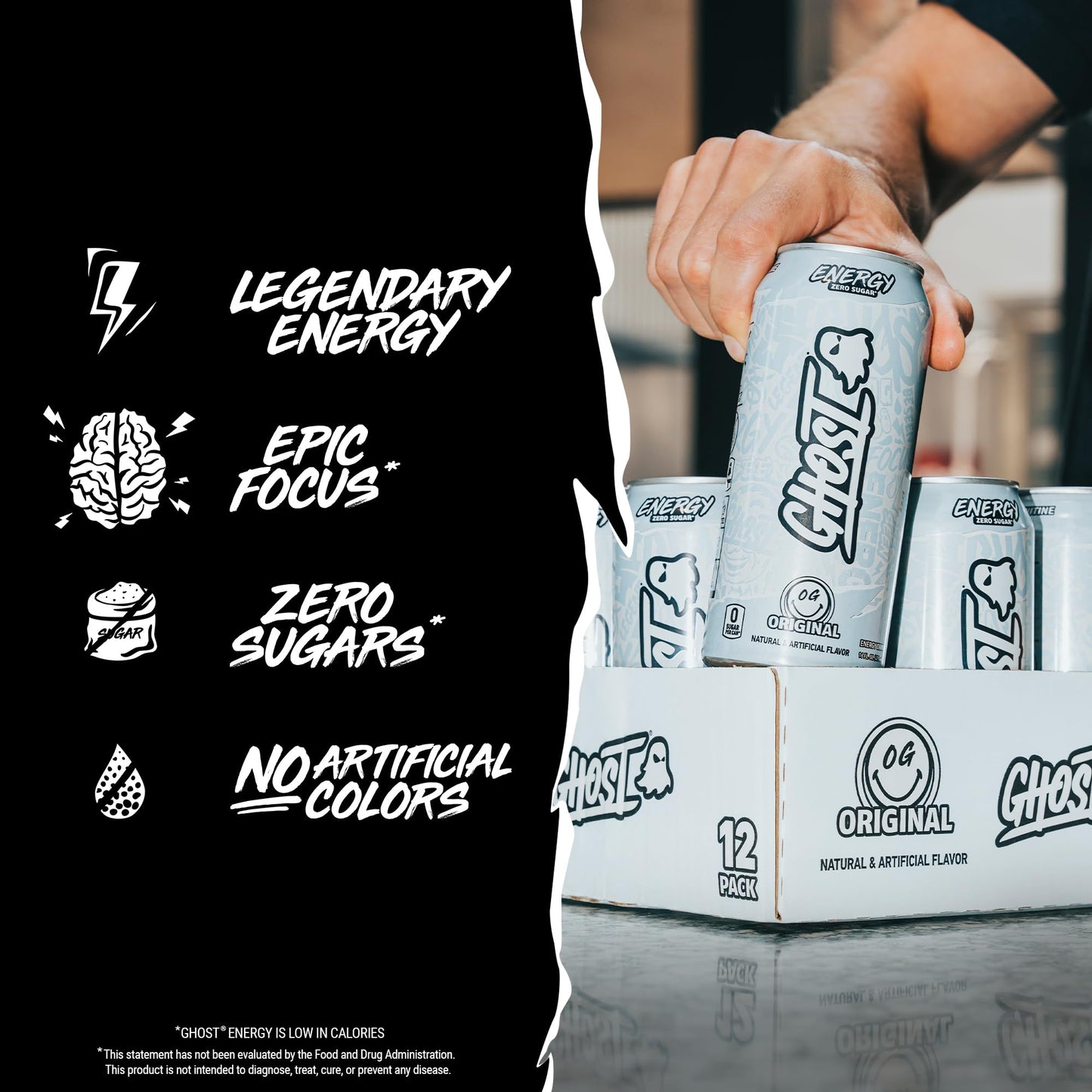 GHOST Energy Drink - 12-Pack  Original  16oz - Energy & Focus & No Artificial Colors - 200mg of Natural Caffeine  L-Carnitine & Taurine - Gluten-Free & Vegan