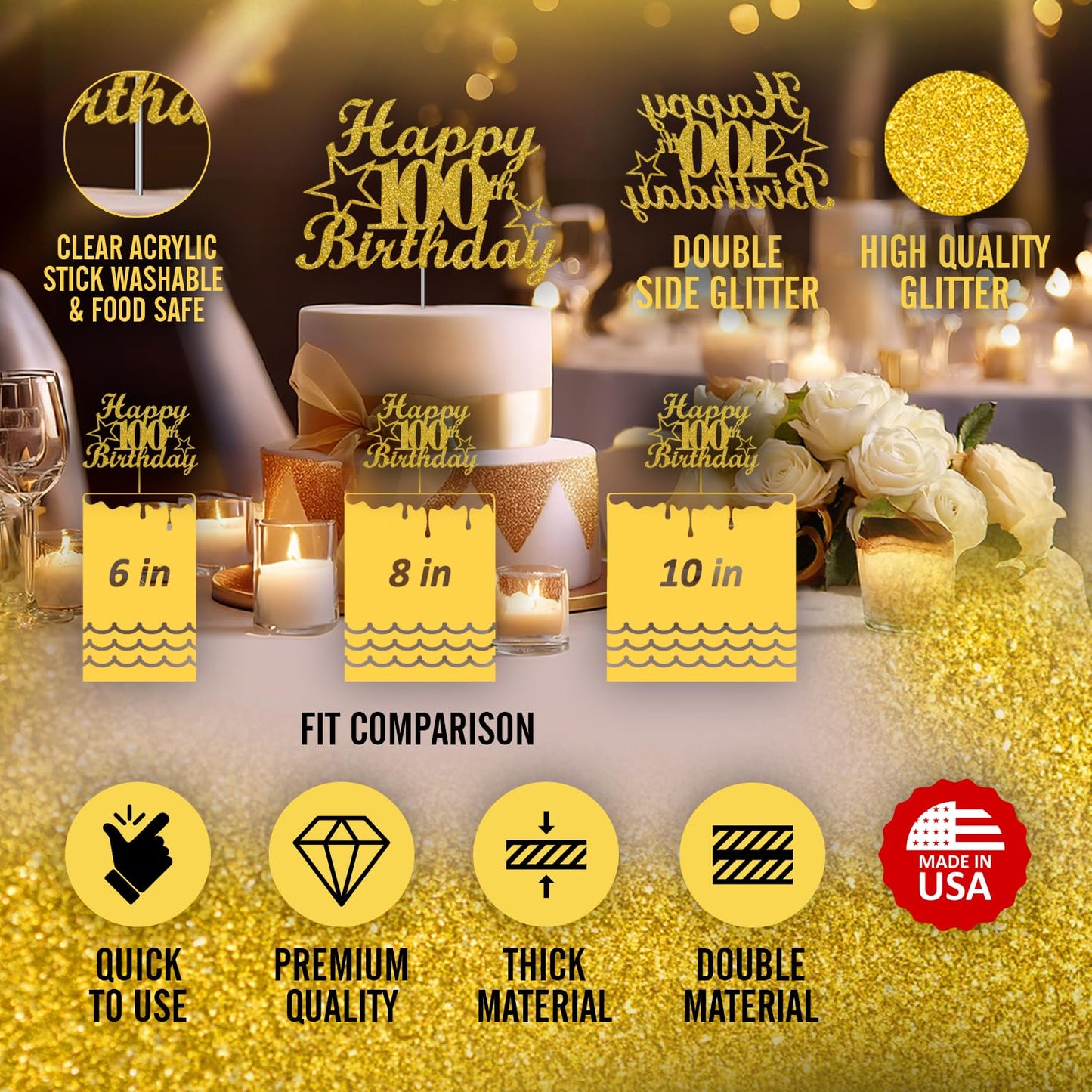 RokAPary 100 Birthday Cake Topper - Gold Glitter, Sturdy Acrylic, Double-Sided, Model RCT217