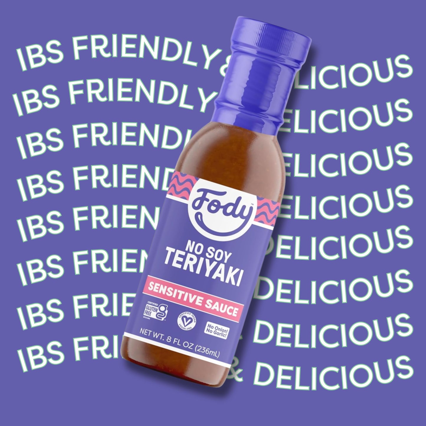 Fody Foods No Soy Teriyaki Sauce & Marinade, 8.5 Oz, Garlic and Onion Free, Low FODMAP Certified, Gut & IBS Friendly, Vegan, Non