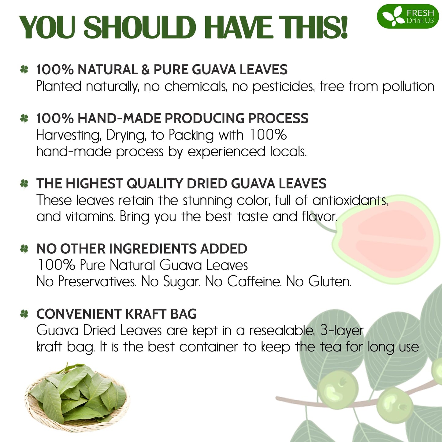 FRESHDRINKUS Premium Dried Guava Leaves Herbal Tea, 50 Count, 100% Pure, Non-GMO, Caffeine-Free, Vegan