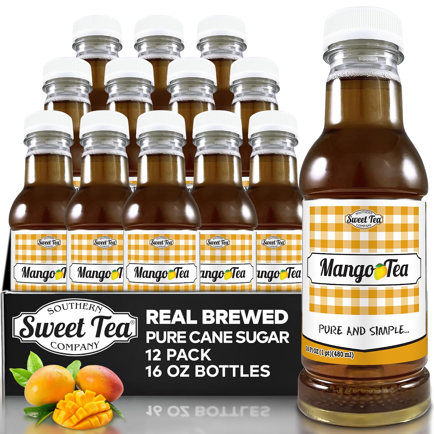 Iced Tea Mango, Real Brewed, Pure Cane Sugar, Caffeinated All Natural, No Artificial Flavors by Southern Sweet Tea Company 12PK