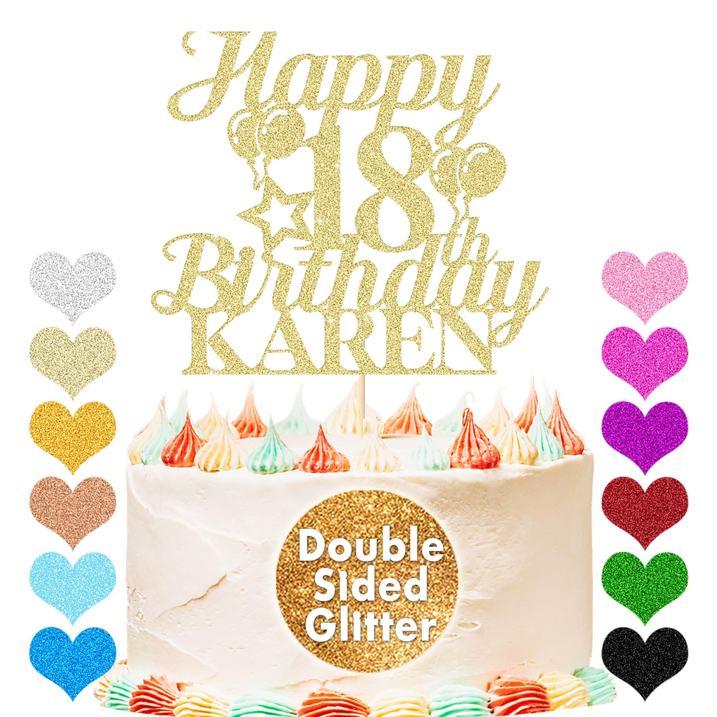 EDSG Happy Birthday Cake Topper Double-Sided Glitter Personalized Decoration Champagne Gold