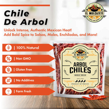 Chile De Arbol 8Oz - Dried Whole Red Chili Peppers - Premium All-Natural, Stemless. For Mexican, Chinese, And Thai Cuisine With