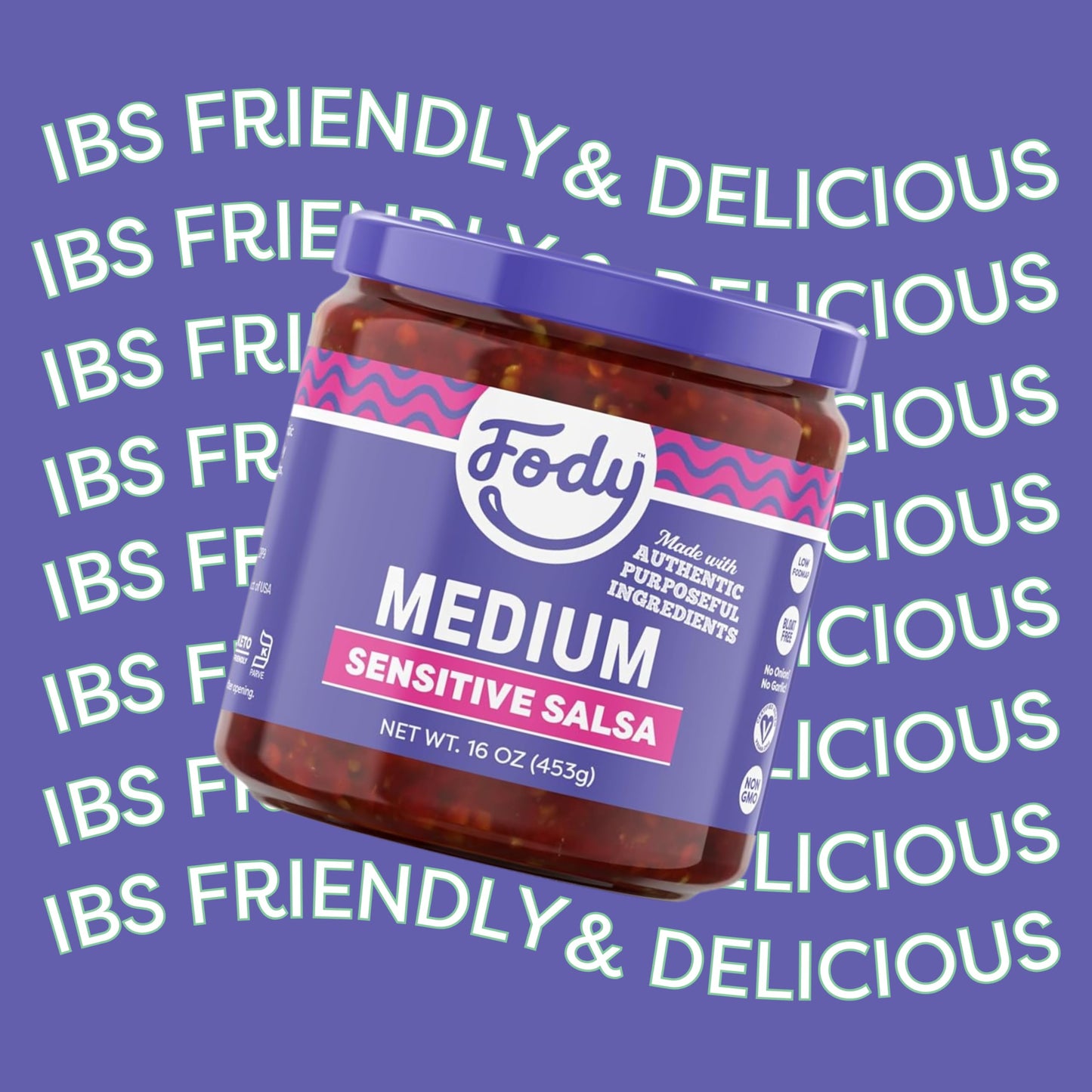 Fody Foods Vegan Medium Salsa, Chunky Tomato Jalapeno, Low FODMAP, 16 Oz, Pack of 3