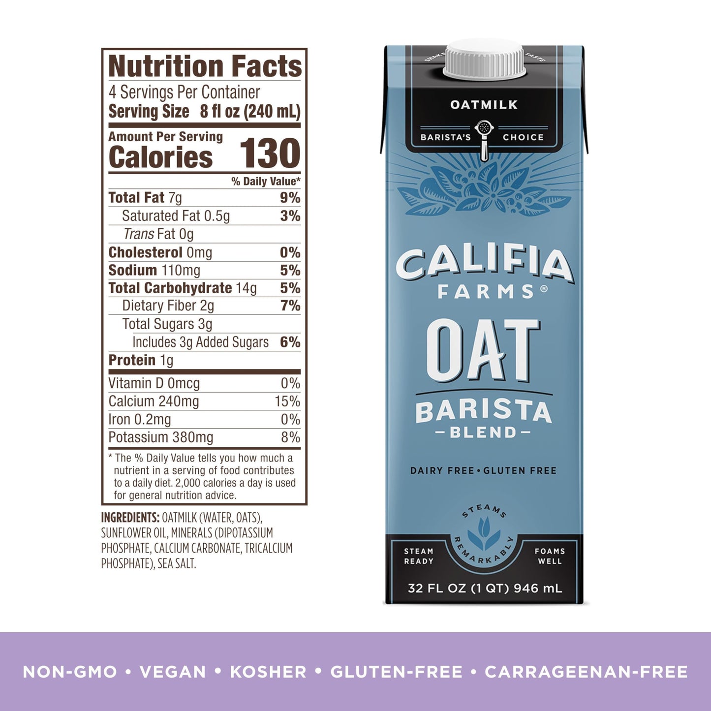 Califia Farms - Oat Barista Blend Oat Milk, 32 Oz (Pack of 6), Shelf Stable, Dairy Free, Plant Based, Vegan, Gluten Free, Non GM