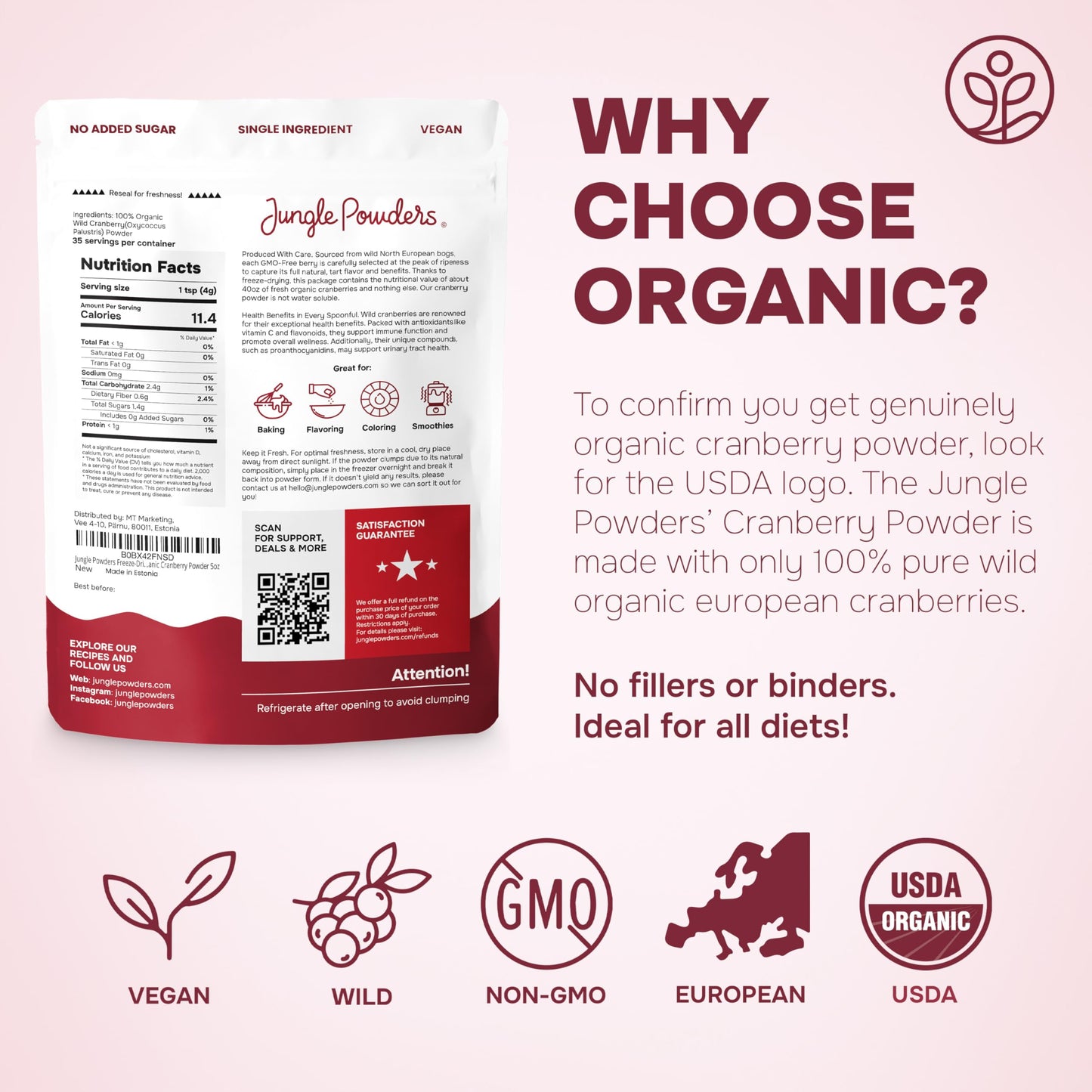 Jungle Powders Wild Cranberry Powder Organic 5 Ounces, Usda Certified Freeze Dried Organic Cranberries Powder For Baking Flavori