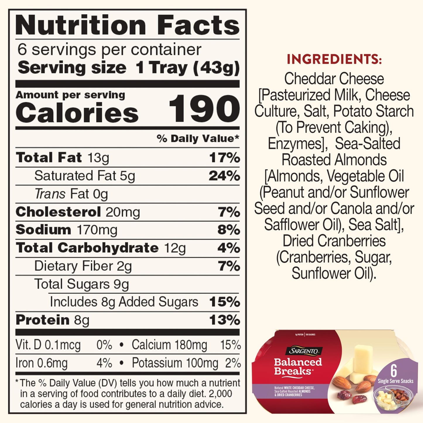Sargento Balanced Breaks Natural White Cheddar Cheese, Sea-Salted Roasted Almonds, Dried Cranberries Snack Kit, 6-Pack