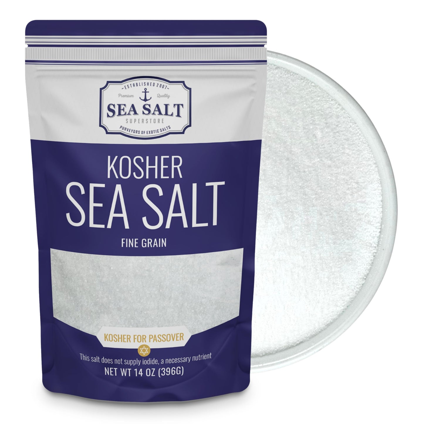 Kosher Sea Salt, Fine Grain Kosher Salt, Replacement For Table Salt, Non-Iodized, All-Natural, No Additives (14 Oz Bag) - Sea Sa