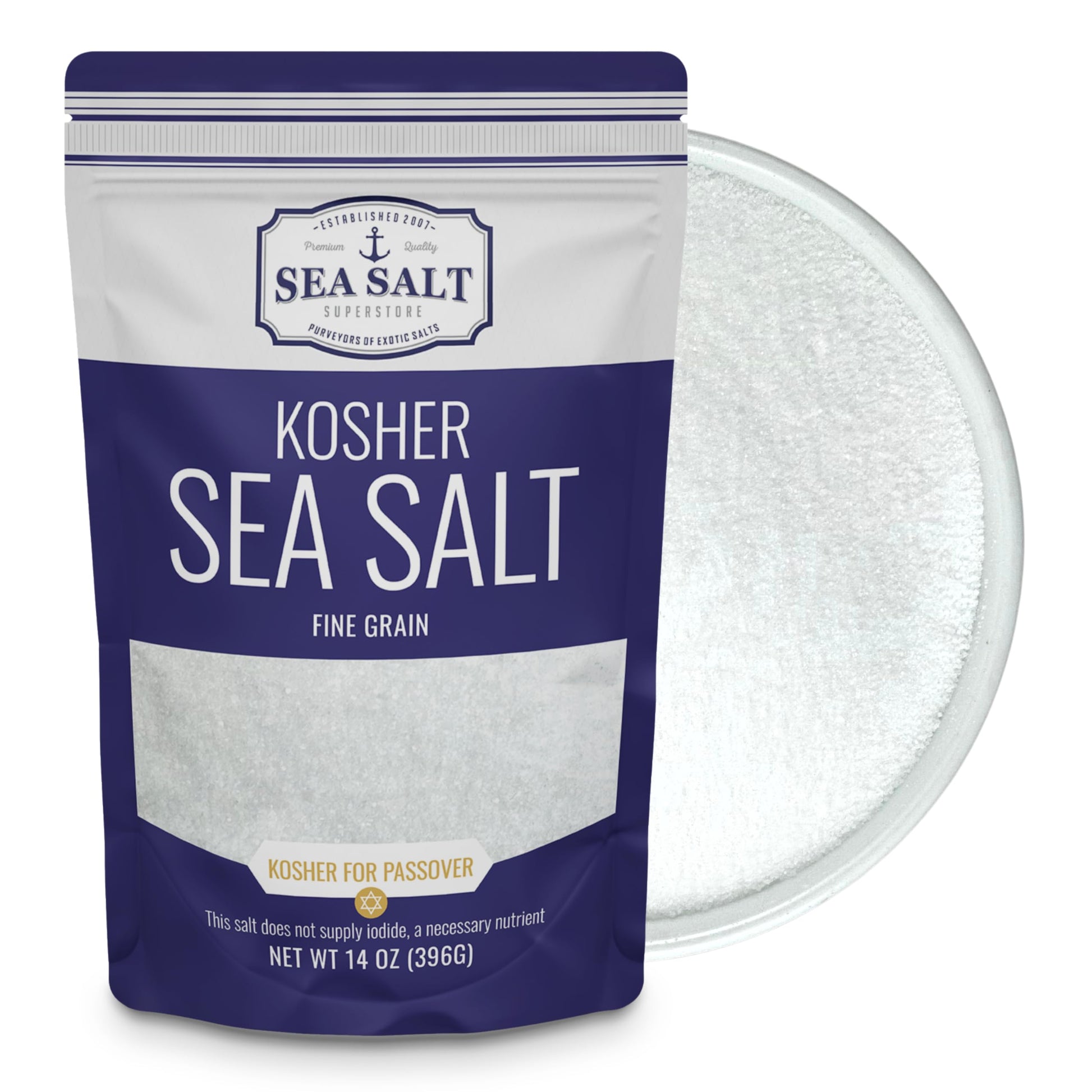 Kosher Sea Salt, Fine Grain Kosher Salt, Replacement For Table Salt, Non-Iodized, All-Natural, No Additives (14 Oz Bag) - Sea Sa