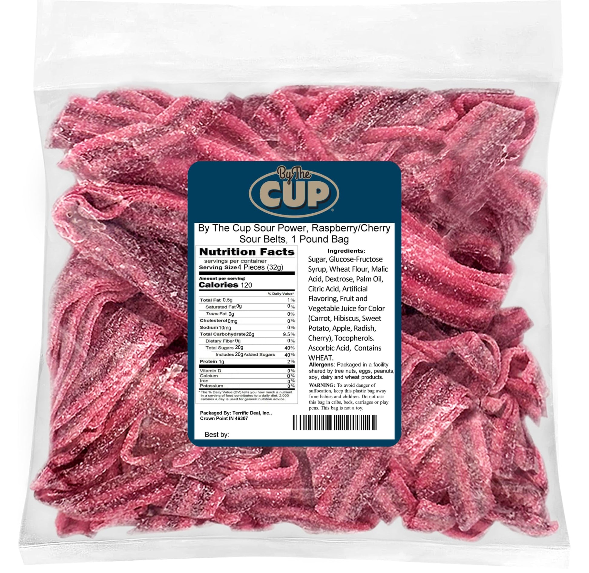 By The Cup Sour Power Raspberry Cherry Sour Belts, 1 lb Bulk Bag