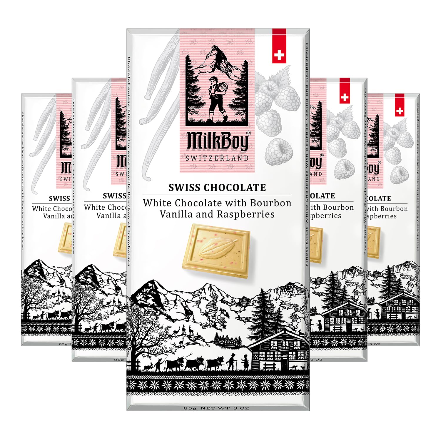 Milkboy Swiss Chocolates - Top-Grade White Chocolate Bars With Flavor Blend Vanilla And Raspberry - Candy Bars  Gluten Free  Non-Gmo  Kosher - 3 Oz (Pack Of 5)
