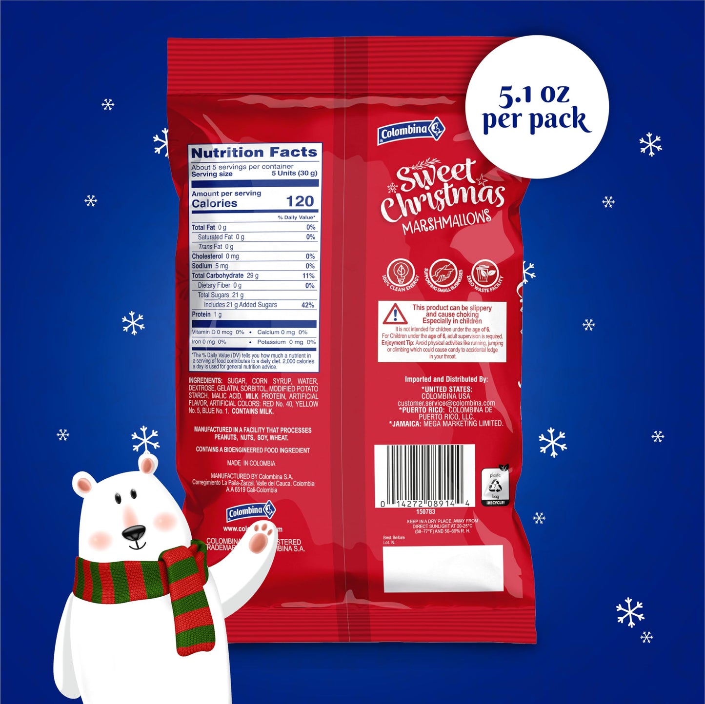 Colombina Sweet Christmas Marshmallows, Assorted Vanilla Bean, 5.1oz, Pack of 1